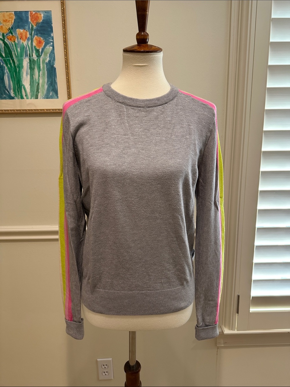 THML Gray Crewneck Sweater with Pink and Neon Yellow Stripes